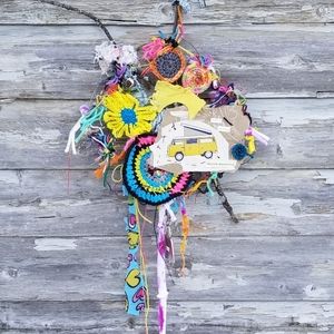 Boho VW Bus Crochet Fiber Wall Art Handmade Wreath